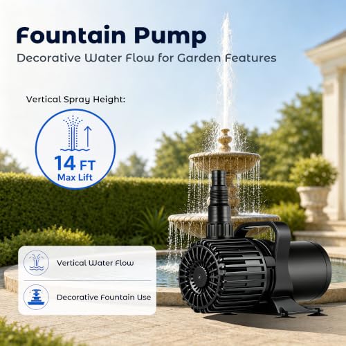 TONGCHANT Pond Pump for Fish Pond Fountain & Waterfall, 1600 GPH 14FT Lift | 100W submersible water pump, ultra quiet motor, 180° rotatable outlet, filter bag, 20FT cord, UL listed, black - size: 1600GPH-100W-Black