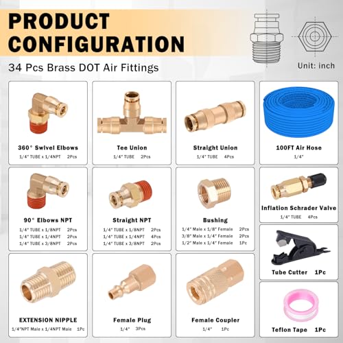 CheeMuii 100 FT 1/4" DOT Air Line with 34 Pcs Brass DOT Air Line Fittings Kit 30.5 Meter 1/4 Blue Air Lines Service Kit with Push Lock Air Fitting Air Coupler & Plug Kit - color: blue & gold, size: 1/4"100ft-37pcs