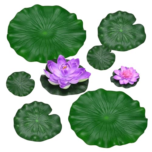 M METERXITY 1-Set Artificial Floating Foam Lotus Flower with Water Lily Pad, 4/7/11 Inch Fake Lotus Flowers Water Lilies for Pool/Fountain/Garden Decor, Pond Plants Ornaments [Purple] - color: Purple, size: 6.7/3.9 Inch