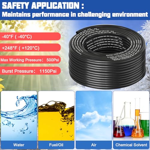1/2" OD x 50FT DOT Air Line Black SAE J 844 PA12 Nylon Air Brake Tubing with Cutter and Teflon Tape, Pneumatic Nylon Air Line Hose for Semi Truck Trailer Air Brake System & Fluid Transfer - size: 50FT-1/2"OD
