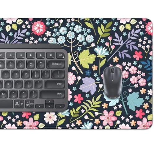 Maple Leaf and Flowers Desk Pad Mouse Pad,Large Floral Mouse Mat with Stitched Edges,Non-Slip Rubber Base Elegant Mousepad for Office PC Keyboard Laptop and Home Work Desk Mat(27.5X11.8 in) - color: Plants and Flowers
