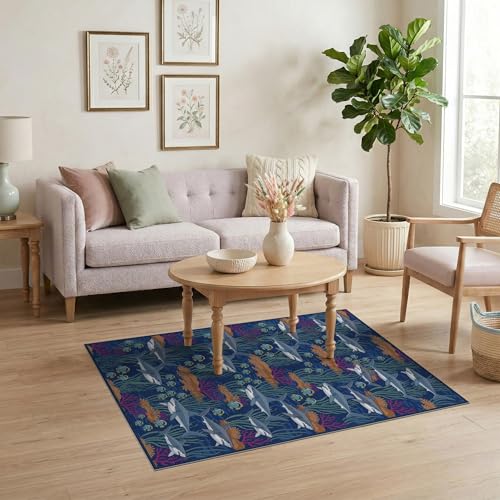 4'x6' Washable Modern Fish Area Rug, Navy Flatwoven Floor Mat for Home Office, Gaming Room, Under Desk, Non-Slip Chair-Friendly Carpet | Ref:2068689 - color: Blue/Pattern 26, size: 4' x 6' (Rectangular)