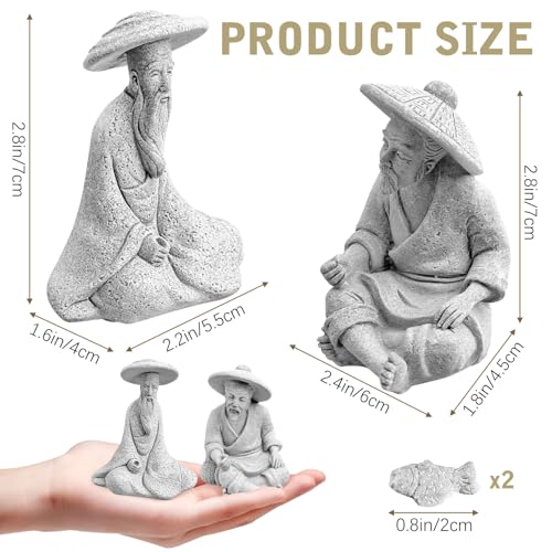 Tfwadmx 2 Pcs Sitting Fisherman Figurines, Aquarium Decorations Mini Fish Tank Ornaments Asian Zen Statue, Sandstone Vintage Aquascaping Decor for Betta Tank Accessories (Large) - size: Large