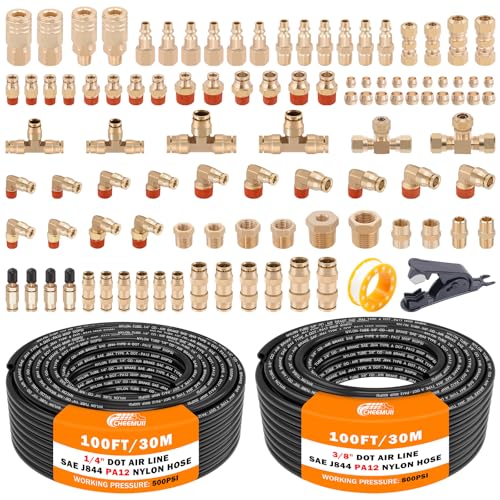 CheeMuii 100 PCS Brass DOT Air Line Fittings with 100FT 1/4" and 100FT 3/8" DOT Air Line Kit Push Lock Air Fitting Quick Connect & NPT Thread Fittings with Pneumatic Tubing - size: 2ROLL-104PCS
