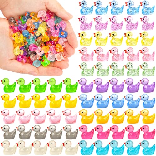 FEXIA 100pcs Mini Ducks Glitter Resin Tiny Ducks Animals Figures to Hide Glow in the Dark Duck Figures for Dollhouse Aquarium Fairy Garden Decor - color: Ducks-100pcs