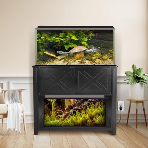 BEURUKU 40 Gallon Tank Stand with Cabinet and Power Outlets, Heavy Duty Metal Aquarium Stand for 40-50 Gallon Breeder Tank, Turtle Tank, Double Terrarium Stand, 660LBS Capacity, Black - color: Black, size: 40-50 Gallon