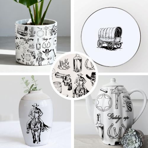 SUPERDANT 4PCS Western Style Underglaze Paper Transfer Cowboy Cactus Transfer Paper for Clay Ceramic Porcelain Under Glaze Transfers for Pottery Enamel Decals Black Underglaze Decal Papers - style: Western Cowboy
