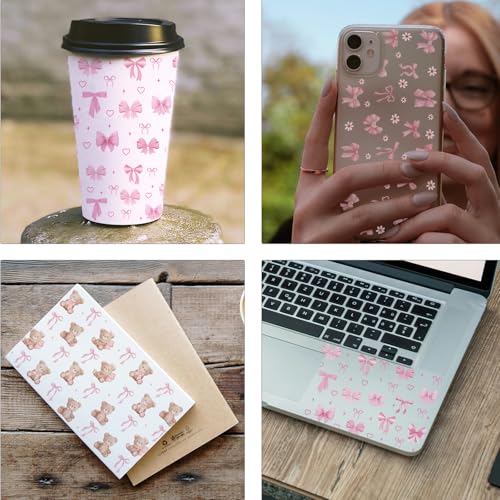 Pink Bows UV DTF Stickers - 3 Sheets Coquettte Bow Uvdtf Cup Wraps for 40 oz Glass Water Bottle, Cute Bear Flowers Waterproof Transfer Sticker DIY Coffee Mug Journal Guitar Craft Decals Decoration - style: Bows