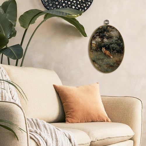 XFCICRLJ Vintage Fox Wall Art Decor, Rustic Country Cottagecore Fox Oval Canvas Prints Framed, Farmhouse Landscape Wild Animal Wall Art Decorations for Home Living Room Bedroom Decor, 11x8.5 Inch - color: fox02