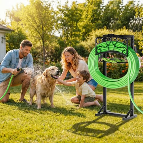 Heavy-Duty Garden Hose Holder with Storage Basket and Tool Hooks, XEAPOMS Stable Hose Hanger Metal Garden Hose Storage Holds 160Ft, Rustproof Freestanding Water Hose Holder for Outside,Yard,Lawn,Farm - color: Black