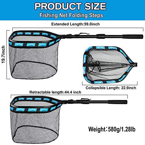 PLUSINNO Floating Fishing Net for Steelhead, Salmon, Fly, Kayak, Catfish, Bass, Trout Fishing, Rubber Coated Foldable Landing Net with Fixed or Telescoping Pole Handle, Fishing Gear and Gifts for Men - color: 19.7"/50cm Hoop Size length 1.5M Blue (Telesco