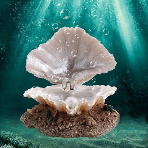 Aquarium Shell Decor with Air Stone Bubbler,Aquarium Decoration Corals Reef Aerating Action Ornament Mini Cute Undersea Clam Pearl Ornaments White
