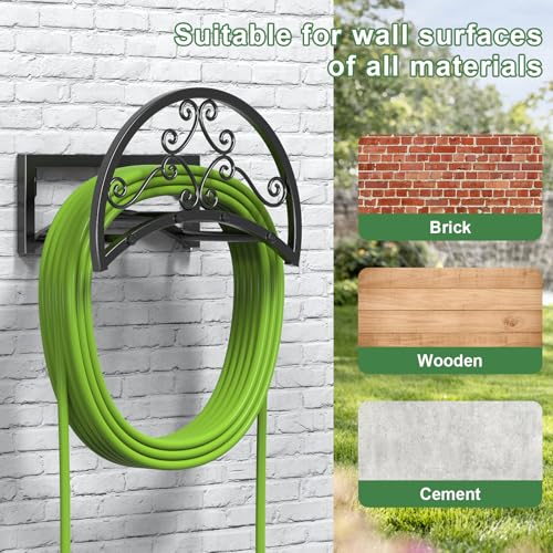 OLV Garden Hose Holder, Heavy Duty Water Hose Holder Wall Mount Holds 125-ft Water Pipe, Decorative Detachable Metal Hose Hanger Storage Organizer Reel Rack for Outside Lawn Yard Farm, Black
