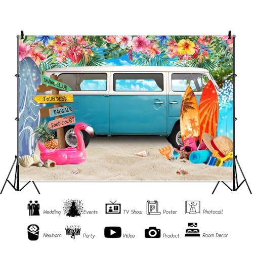 Summer Seaside Backdrop Hawaiian Beach Car Truck Tropical Floral Surfboard Decorations Background Flamingo Surfing Pool Luau Party Backdrop Cake Table Banner Studio Props Vinyl 6x6ft - color: White Blue, size: 6x6ft (180x180cm)