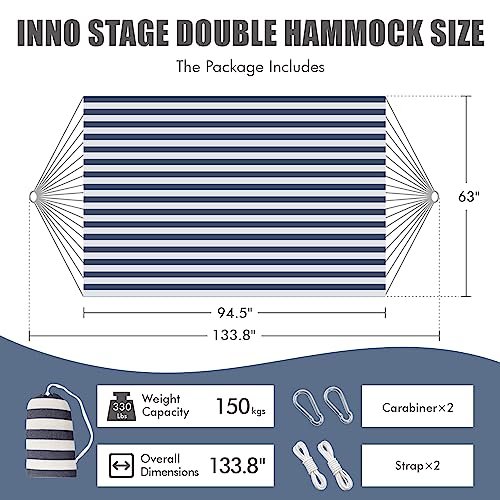 INNO STAGE Double Hammock with Tree Straps - Extra Large 2 Persons Hammock Portable Hanging Camping Bed for Patio, Backyard, Porch, Outdoor and Indoor Use - Soft Canvas Hammock with Carrying Bag - color: Blue White, size: XX-Large