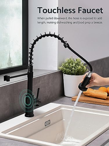 WEWE Matte Black Touchless Kitchen Faucet with Pull Down Sprayer - Motion Sensor Black Kitchen Faucet Spring Single Handle Kitchen Faucets, Stainless Steel Faucet for Kitchen Sink - color: Matte Black, style: Transitional