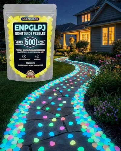 Colorful Glow in the Dark Garden Stones Night Guide Pebbles Luminous Rocks Outdoor Pathway Walkway Yard Patio Fish Tank Aquarium Stepping Decor Landscape Waterproof Solar Magical - color: Yellow, size: 500pcs
