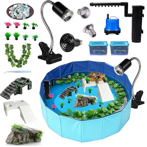 22.8 inch Large Size Turtle Tank Habitat Kit with Basking Platform, for Turtles, Crayfish, Crab, Aquatic Tortoise Enclosure Starter Aquarium, Pet Turtle Reptile Habitat - size: 22.8IN