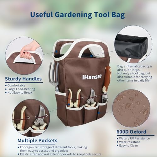 Brown Gardening Tools Set 12-Piece, Garden Hand Tool Kit with Non-Slip Ergonomic Handle, Storage Tote Bag, Garden Apron, Gloves and Kneeling Pad, Gardening Gifts for Women Men Plant Lover - style: Brown