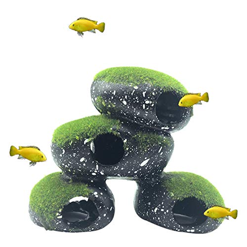 Stone Aquarium Hideaway Decoration Resin Cichlids Rock Decor with Artificial Moss Betta Cave Hideout Shelter Tunnel Fish Tank Ornament for Shrimp,Short Bream and Crayfish(L)