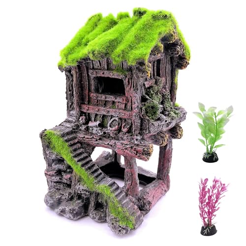 M2cbridge Aquarium Decorations Fish Hideout House Betta Cave with Green Lifelike Moss (Style 4) - style: Style 4