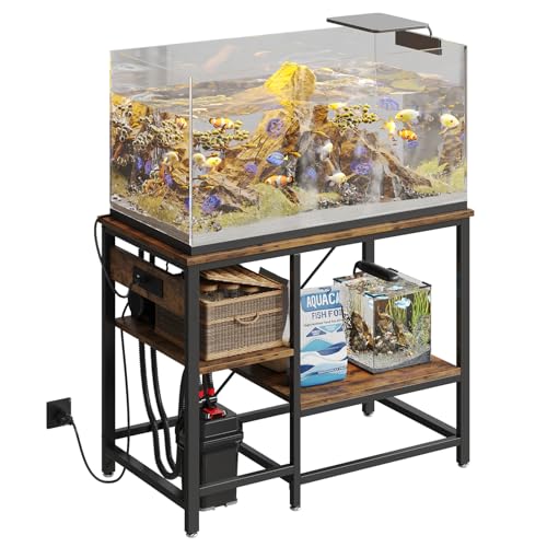 Bestier 40-50 Gallon Fish Tank Stand with Power Outlet, 36x19 Metal Aquarium Stand with Filter Storage, 6-Leg Reptile Tank Stand with 3-Tier Adjustable Storage Shelves, 660LBS Capacity - color: Rustic Brown, size: 40-50 Gallon