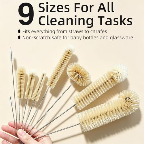 Masthome 9 Pack Bottle Brush Set, Boar Bristle Mixed PP Baby Bottle Cleaner, Long Handle Straw Brushes for Narrow Neck Bottles, Hummingbird Feeder, Wine, Beer