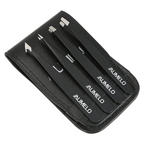 Tweezers Set 4-Piece Professional Stainless Steel Tweezers with Travel Case by Aumelo - Best Precision Eyebrow and Splinter Ingrown Hair Removal Tweezer Tip for Men & Women,Black - color: Black
