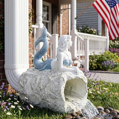Mermaid Statue Outdoor, Garden Sculpture Figurines for Lawn and Patio Decor, Durable Resin Yard Art, Enchanting Mermaid Design, 10.6" High, Blue Finish for 3"x 4" Decorative Gutter Extension - color: Blue