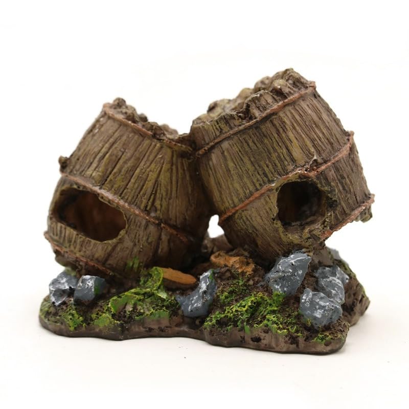 Resin Broken Barrel Aquarium Decoration, Fish Tank Ornament with Moss and Rocks, 10x8x9cm