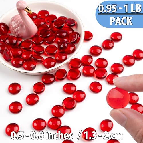 1LB Red Glass Marbles, Transparent and Smooth Flat Glass Beads for Vases, Mosaic Gem Pebbles for Aquarium Decor, Floral Arrangements, Mancala Stones, Vase Filler and Crafts (Approx. 80-100 PCS) - color: Red