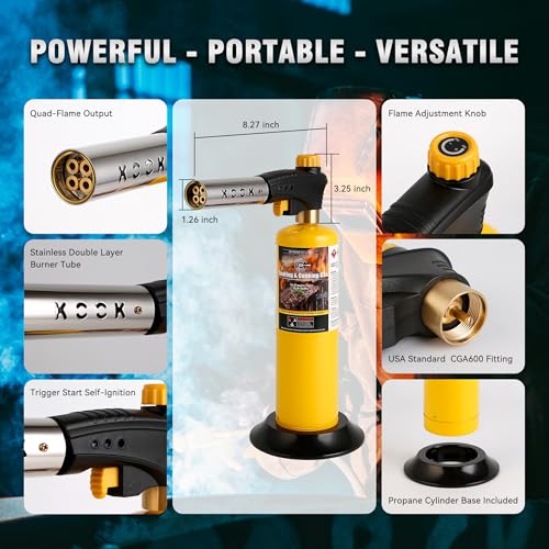 Propane Torch Head,Powerful 4-Flame Blow Torch Head Trigger Start Propane Torch with Igniter MAPP Gas Torch Kit Grill Gun on 1-lb Propane Tank Holder for Soldering Welding Brazing Cooking - style: Torch Only