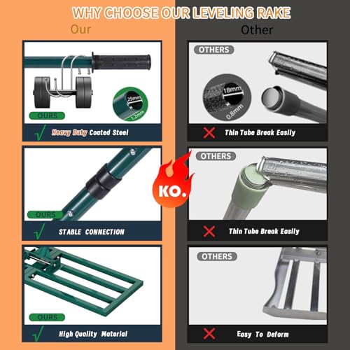 Lawn Leveling Rake Heavy Duty Stainless Steel Lawn Leveling Tool 30”x10” with 78” Adjustable Long Handle Leveling Rake for Soil,Ground,Backyard,Golf Field,Garden Tools Grass Seed Landscaping - style: 30"x10" Medium