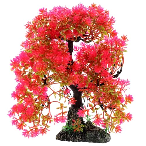 Aquarium Decor Artificial Aquatic Plant Tree with Rock Base Simulation Fish Tank Landscaping Ornament for Home and Desktop Decoration 2.15X2.15X10.14 Inches - color: Red