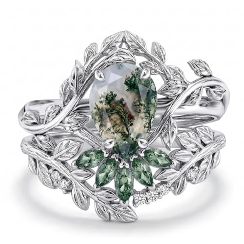 Natural Moss Agate Engagement Ring Set for Women, Unique Genuine Moss Agate Ring, 925 Sterling Silver 10K 14K 18K Solid Gold Nature Inspired Bridal Set, Boho Wedding Jewelry Gift - color: Two
