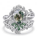 Natural Moss Agate Engagement Ring Set for Women, Unique Genuine Moss Agate Ring, 925 Sterling Silver 10K 14K 18K Solid Gold Nature Inspired Bridal Set, Boho Wedding Jewelry Gift - color: Two