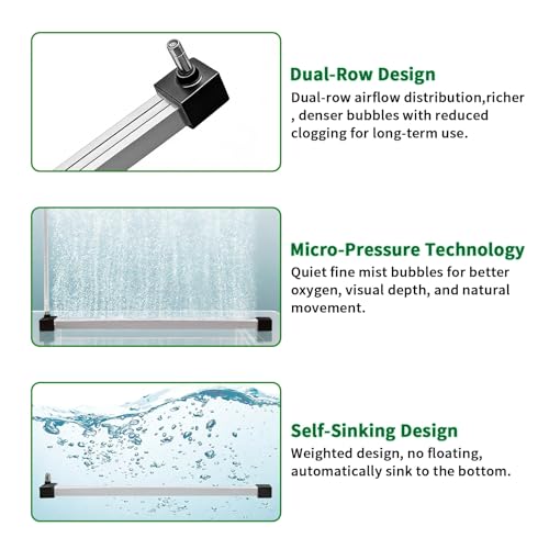 Aquarium Air Bubble Bar, 9.84 Inch Double Row Fine Mist Air Bubble Curtain Wall, Self-Sinking Fish Tank Air Diffuser Set, Enhanced Oxygen Bubble Strip for Freshwater Saltwater Hydroponics - size: 9.8 Inch
