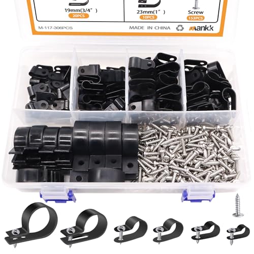 mankk 306PCS Cable Clips Wire Clips Assortment Kit Nylon Plastic R-Type Cable Clamps Wire Mounting Clips 6 Sizes 3/16'' 1/4'' 3/8'' 1/2'' 3/4'' 1'' with Screws for Cable Management - size: 6 Size-306PCS