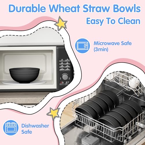 Quatish 10 PCS Unbreakable Cereal Bowls,Dishwasher & Microwave Safe Wheat Straw Bowls, Easy-to-Clean Lightweight Desserts & Soup Bowl, Portable for Picnics ，Snack Plastic Bowls Set,Black - color: Black