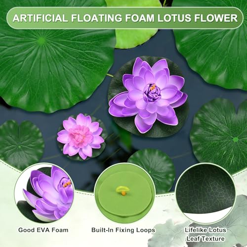 M METERXITY 1-Set Artificial Floating Foam Lotus Flower with Water Lily Pad, 4/7/11 Inch Fake Lotus Flowers Water Lilies for Pool/Fountain/Garden Decor, Pond Plants Ornaments [Purple] - color: Purple, size: 6.7/3.9 Inch