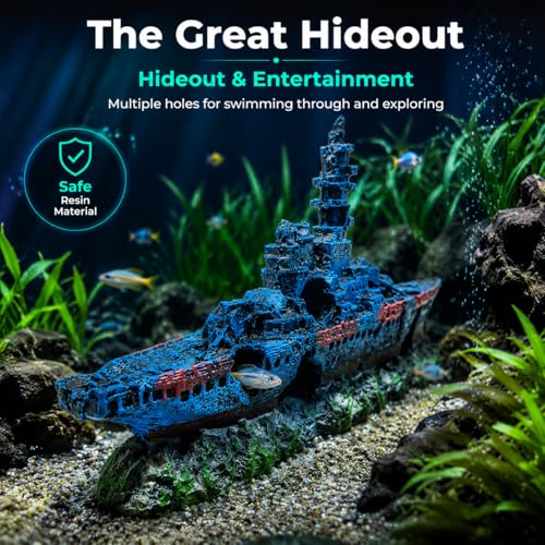 Mipukbay Shipwreck Aquarium Decorations, Resin Fish Tank Artificial Rock Ornament for Freshwater/Saltwater, Safe Landscape Hideout for Betta Fish, Goldfish and Aquatic Pets - size: Shipwreck