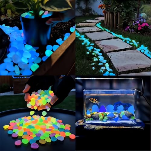 2026 Colorful Glow-in-the-Dark Garden Stones Night Guide Luminous Pebbles Rainbow Glow in the Dark Stepping Rocks Outdoor Landscaping Decor Glowing Stones Fish Tank Aquarium Decorations (200, Multi) - color: Multi
