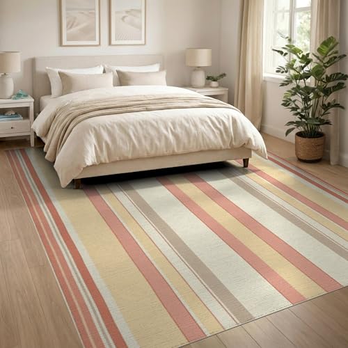 8'x10' Washable Flatwoven Rug, Beige Modern Stripe Stain Resistant Extra Large Carpet for Dining Room, Large Office, Lounge, Non-Slip Chair-Friendly Mat | Ref:1993949 - color: Beige/Pattern 23, size: 8' x 10' (Rectangular)