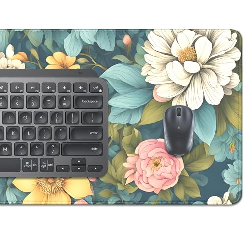 Colorful Flowers Desk Pad Mouse Pad,Large Floral Mouse Mat with Stitched Edges,Non-Slip Rubber Base Mousepad for Office PC Keyboard Laptop and Home Work Desk Mat(27.5X11.8 in) - color: Colorful Flowers