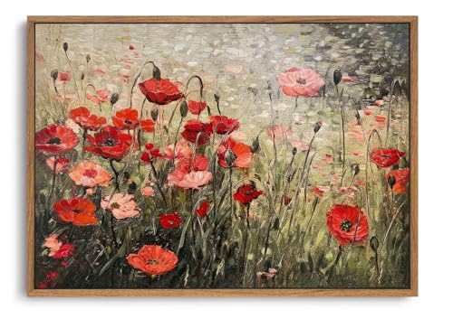 OIQArtOIQ Vintage Landscape Canvas Wall Art Framed Natural Scenery Painting Artwork Prints France Country Wilderness Farmhouse Decor Pictures Kitchen Bedroom Living Room Bathroom - color: Corn Poppy, size: 16x24 in