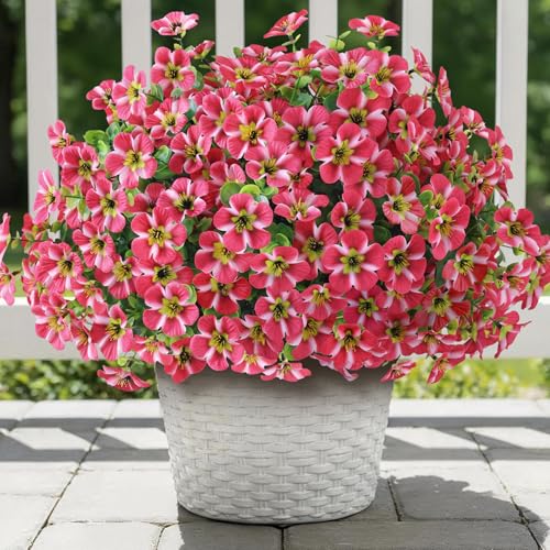 VIERENA 12 Bundles Artificial Flowers and Eucalyptus for Outside, Sun Resistant Silk Fake Morning Glory with Faux Eucalyptus Plants for Garden Porch Farmhouse Home Spring Summer Decor (Rose Red) - color: Rose Red