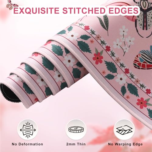 iCasso Pink Desk Pad Mat, XXL Large Mouse Pad, Desk Matt for Desktop, Anti-Slip Big Mousepad with Stitched Edges, Mouse Mat for Computer(Pink) - color: Butterfly-pink