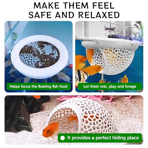 Aquarium Betta Fish Feeding Station, Floating Ring with Cave Hammock, Fish Hide Decoration, White