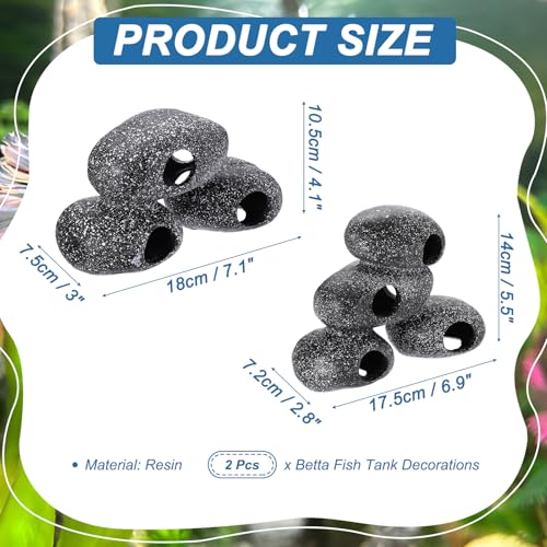 Aquarium Decorations Rocks, 7.1x3x4.1/6.9x2.8x5.5 Inch Betta Hide Resin Realistic Fish Tank Ornaments, 2Pcs(Grey), Intended for Small Fish/Shrimp/Guppy - size: 7.1x3x4.1 Inch/6.9x2.8x5.5 Inch