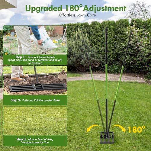 Seeutek Lawn Leveling Rake, 45” x 10” Lawn Leveler with 6.5FT Stainless Steel Handle Rakes for Lawns, 0-180° Adjustable Ground Leveler Tool for Yard, Level Soil Sand Dirt Surfaces - size: 45"*10"